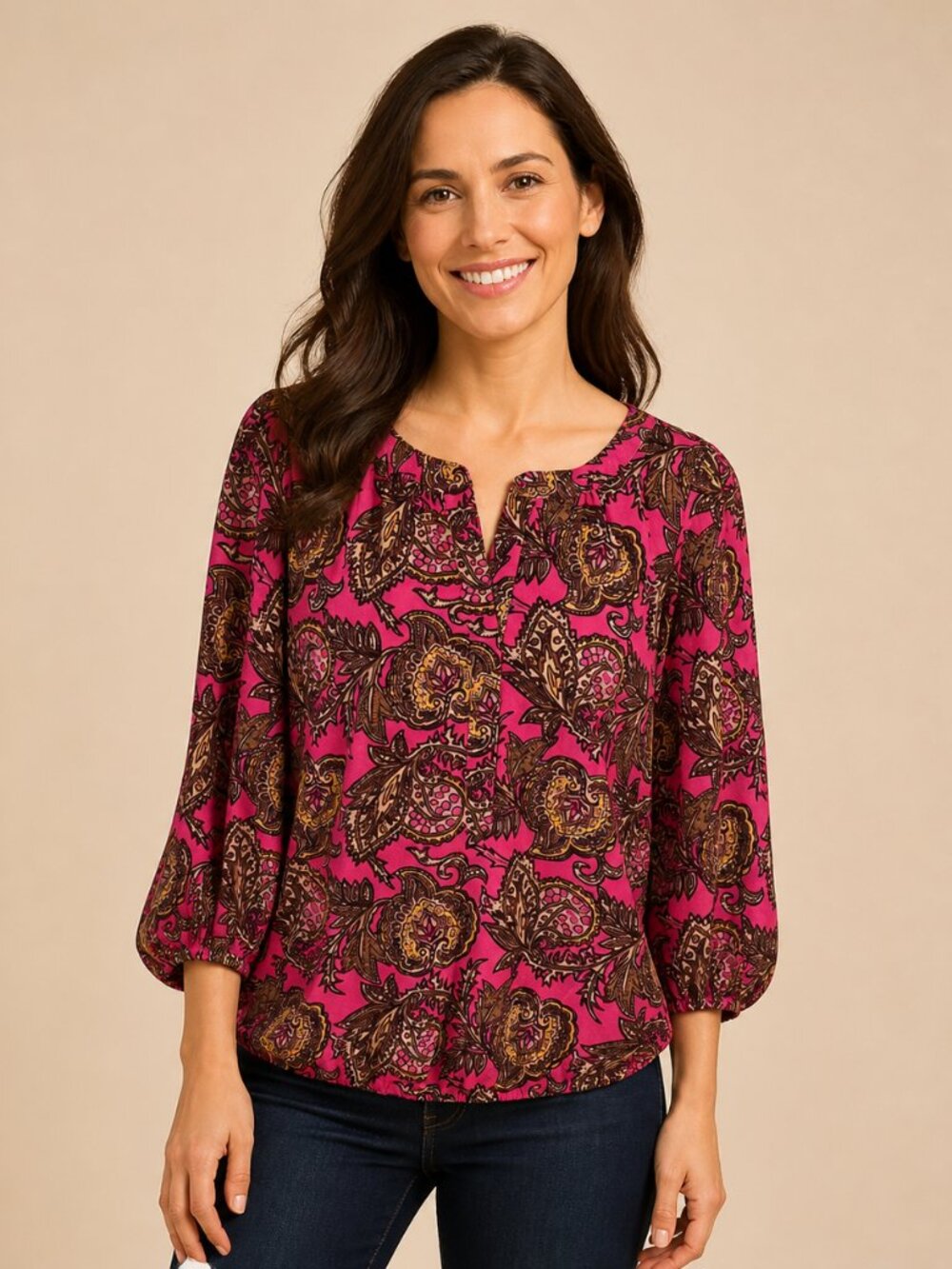 LOFT Women's Pink Brown Paisley Long Sleeve Blouse Size S